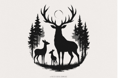 Deer Silhouette PNG, Woodland Forest Stag Family PNG, Vintage Wildlife