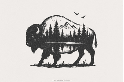Bison Double Exposure PNG, Nature Mountain Forest Wildlife Rustic, Buf