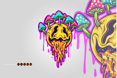 Vibrant Psychedelic Smiling Face with Mushrooms and Liquid Drips
