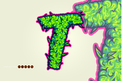 Green T Letter with Marijuana Leaf Design