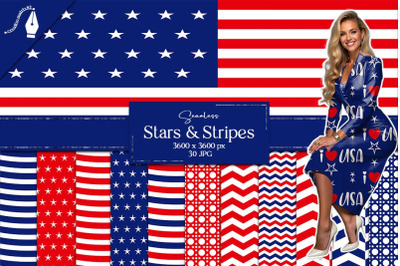 Stars &amp; Stripes Seamless Digital Paper  4th of July Red Blue Patterns