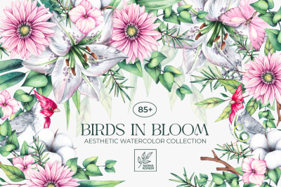 Birds in Bloom Watercolor Floral set