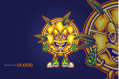 Happy Citrus Mascot with Weed Leaves and Thumbs Up