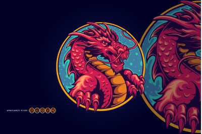 Head Red Dragon Within Blue and Gold Circular Border