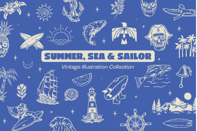 Summer, Sea &amp; Sailor  Vintage Adventure Illustration Set