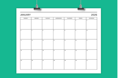2026 Basic Modern 8.5 x 11 Inch Calendar Template