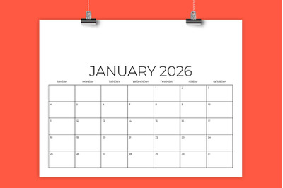 2026 8.5x11 Inch Blank Calendar Template