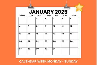 2025 8.5 x 11 Inch Large Number Mon-Sun Calendar Template