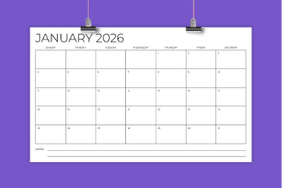 2026 8.5 x 14 Inch Thin Sans Serif Calendar Template