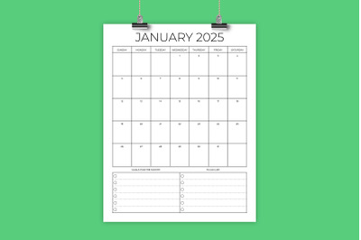 2025 Vertical Planner 8.5 x 11 Inch Calendar Template