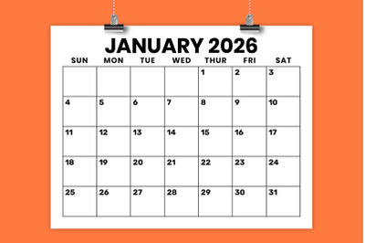 2026 8.5 x 11 Inch Large Number Calendar Template