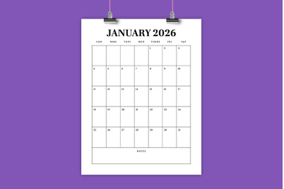 2026 Vertical 8.5x11 Inch Calendar Template