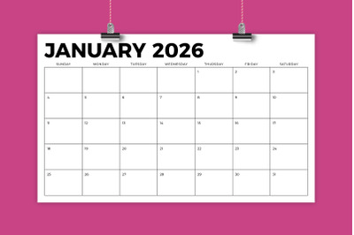 2026 8.5x14 Inch Bold Calendar Template