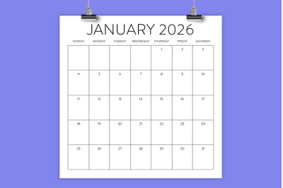 2026 Square 12x12 Inch Sans Serif Calendar Template
