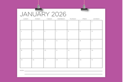 2026 8.5x11 Thin Sans Serif Calendar