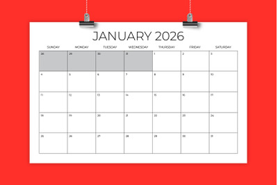2026 11 x 17 Inch Office Calendar Template