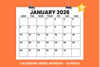 2026 8.5x11 Large No MON-SUN Calendar