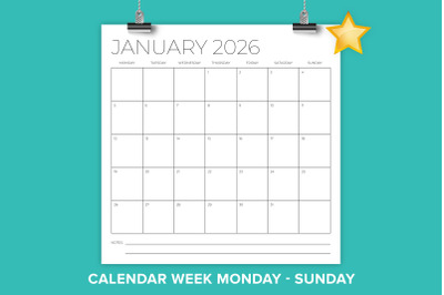 2026 Square MON-SUN 12x12 Calendar
