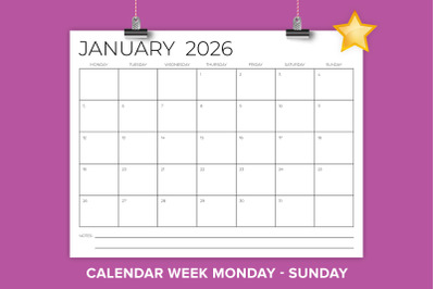 2026 8.5x11 Sans Serif MON-SUN Calendar