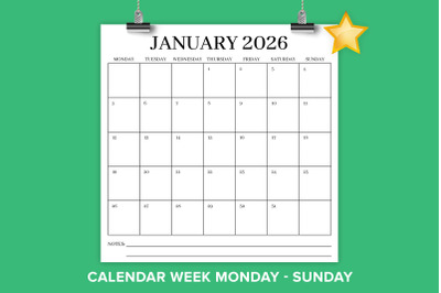 2026 Square MON to SUN 12x12 Calendar