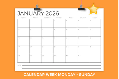 2026 A4 Sans Serif MON-SUN Calendar
