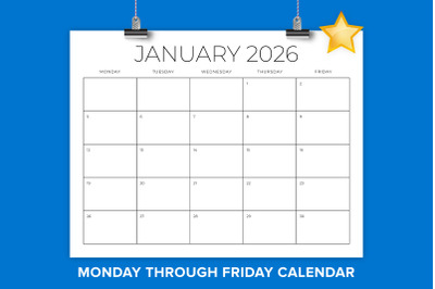 2026 8.5x11 MON-FRI Calendar Template