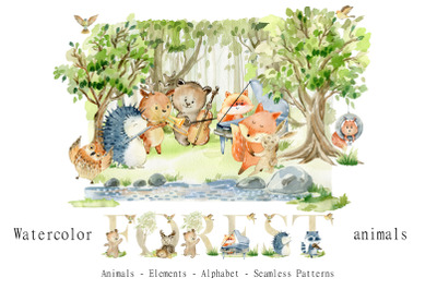 Watercolor forest animals clipart.