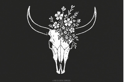 Boho Cow Skull with Wildflowers PNG Art, Western Floral Skull PNG, Rus