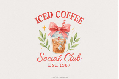 Iced Coffee Social Club PNG, Cute Coffee Drink Digital Art, Gift for C
