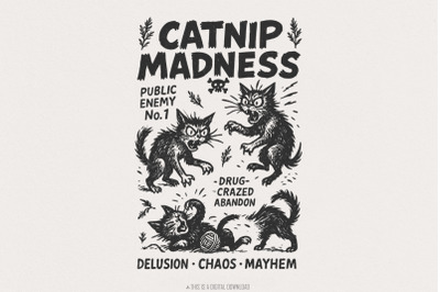 Catnip Madness PNG, Funny Cat Lover Vintage Cat Design, Crazy Cat Blac