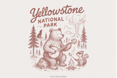 Yellowstone National Park PNG, Camping PNG, Bear Art, Retro Campfire S