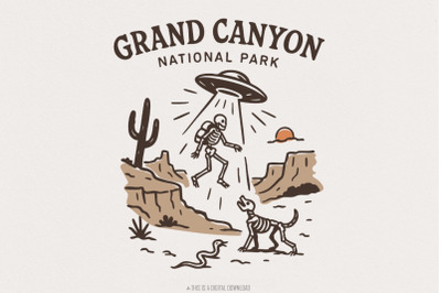 Grand Canyon National Park UFO Skeleton PNG T-Shirt, Alien Abduction D