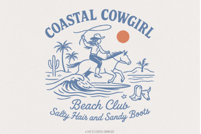 Coastal Cowgirl Beach Club PNG, Retro Western Cowgirl PNG, Beach Summe