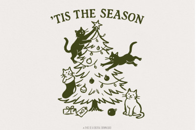 Tis The Season Cat Christmas PNG Digital Download, Funny Holiday Tree
