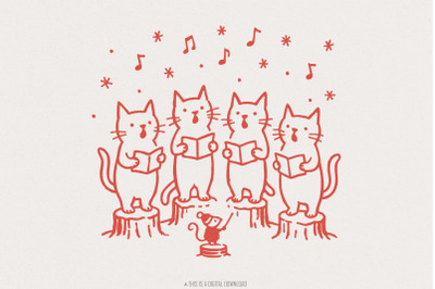 Singing Cat Choir PNG, Whimsical Christmas Cat Carolers Clipart, Cute