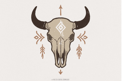 Boho Bull Skull PNG, Western Skull PNG Art, Tribal Geometric Southwest