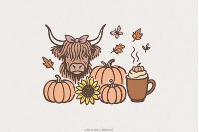 Highland Cow PNG, Fall PNG, Pumpkins PNG, Sunflower and Coffee PNG, Cu