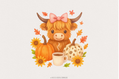 Highland Cow Fall PNG, Autumn PNG, Pumpkin PNG, Cozy Coffee Cow, Cute