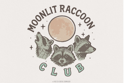 Moonlit Raccoon Club PNG, Retro Raccoon Shirt PNG, Animal Night Moon A