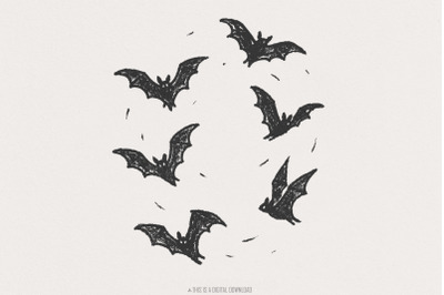 Minimal Flying Bats PNG, Spooky Halloween Bat Clipart, Gothic Bat Art