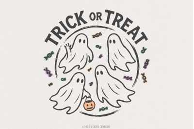 Trick or Treat PNG, Cute Halloween Ghosts Art, Spooky Candy Design, Ki