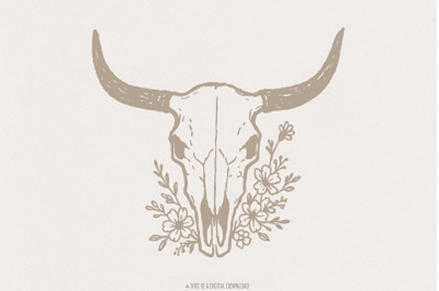Boho Cow Skull PNG, Floral Skull Art, Steer Skull PNG, Rustic Western