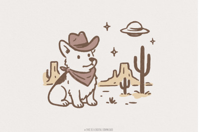 Retro Corgi Cowboy in Desert, Cute Dog with Bandana, UFO Western Scene