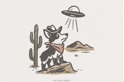 Retro Cowboy Dog and UFO Encounter PNG, Western Corgi Desert Funny Spa
