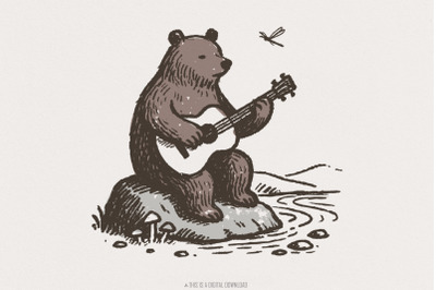 Bear With Guitar PNG, Guitarist Bear, Unique Animal Playing Guitar Art