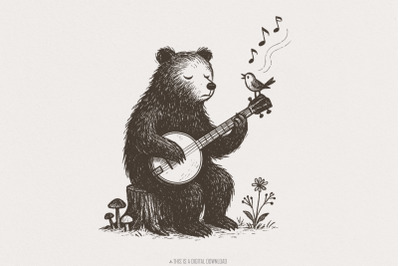Bear Playing Banjo With Singing Bird PNG - Whimsical Animal Folk Art,