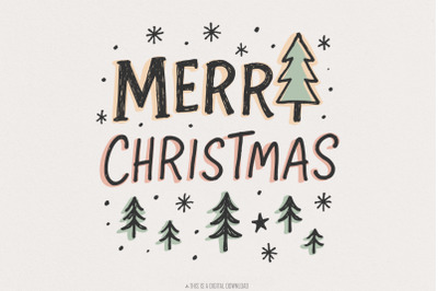 Merry Christmas PNG, Retro Christmas PNG, Hand Drawn Christmas Tree, C