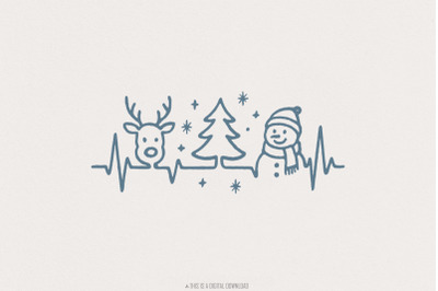 Retro Christmas PNG, Minimalist Christmas Line Art with Reindeer, Snow