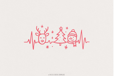 Heartbeat Christmas PNG, Cute Reindeer Snowman and Christmas Tree, Min
