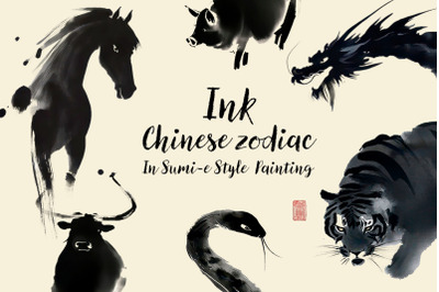 Chinese Ink Zodiac Sumi-e Style Clipart Collection